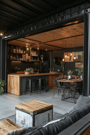 Black shipping container home with an open-concept layout, blending a modern living room, small dining area, and kitchenette, all accented with light wood and metallic finishes.の素材