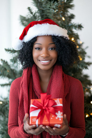 Young adult Black woman in a Santa hat and scarf, holding a brightly wrapped gift near a festive tree, white background.の素材