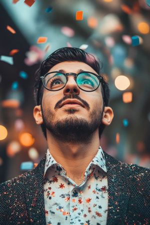 Young adult Arabian man in a stylish blazer, looking surprised as confetti rains down at a lively rooftop party.の素材