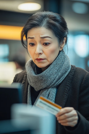 Middle-aged Japanese woman standing in a modern office, staring at her computer screen in horror, credit card in hand.の素材