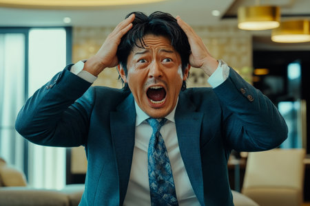 Middle-aged Japanese man, furiously shouting in a modern opulent office, hands on his head as he realizes heÃ¢â¬â¢s lost a fortune, sleek furniture around him.の素材