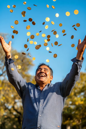 Middle-aged Hispanic man in football stands, arms raised high, laughing in surprise as gold coins fly through the air.の素材