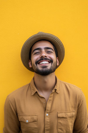 Smiling young adult Hispanic man, wearing a hat and casual clothing, vibrant yellow background, joyfully framed for social media use.の素材