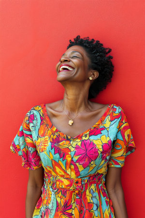 Laughing middle-aged Black woman, in a colorful dress, with a bold red background, showing a natural expression of joy, ready for a profile picture.の素材
