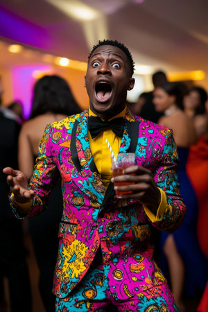 Young adult Black man in a sharp, colorful outfit, gasping in surprise while holding a drink, guests dancing behind him.の素材