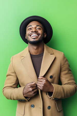 Cheerful young adult African American man, in trendy clothing, showing confidence and joy, against a bright green background, ideal for a social media avatar.の素材