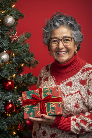 Senior Hispanic woman joyfully holding a Christmas present, next to a beautifully decorated tree, wearing festive attire, red background.の素材