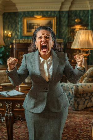 Middle-aged Hispanic woman in a luxurious office, screaming with frustration, hands clenched into fists, elegant furniture and decor around her.の素材