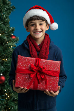 School-age Caucasian boy holding a large gift with excitement near a Christmas tree, wearing a Santa hat and scarf, blue background.の素材
