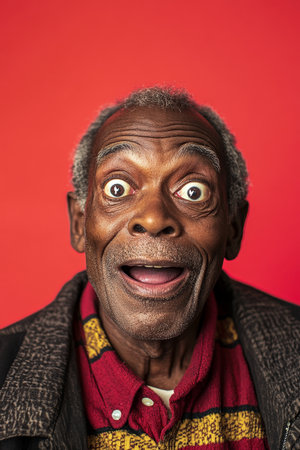 Young adult Black granddad with wide, surprised eyes and a contagious smile, captured with vibrant detail against a bright red background.の素材