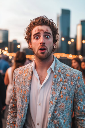 Young adult Caucasian man in a trendy blazer and jeans, eyes wide with surprise, a rooftop party with the city skyline in the background.の素材