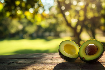 This product photography features a cut avocado with its creamy interior exposed, set against a vibrant backdrop of a tree-filled farm. The natural light enhances the colors, creating a fresh and inviting scene that emphasizes the organic quality of the avocado.の素材