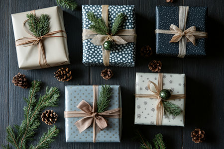 Holiday presents wrapped in festive paper and tied with bows, accompanied by fir branches and pine cones, are set against a dark wooden backdrop. The rustic feel of the wood contrasts beautifully with the seasonal decorations.の素材