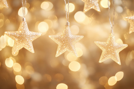 Glowing star-shaped lights gently illuminate a golden backdrop, with the bokeh effect creating a soft glow of orbs floating in the background. The stars shine softly, adding warmth and depth to the magical scene.の素材