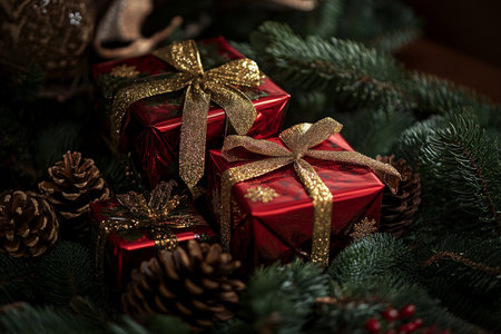 Festive holiday presents with red and gold ribbons are nestled among lush fir branches and pine cones on a dark wooden background. The deep tones of the wood add a warm, rustic feel to the celebratory composition.の素材