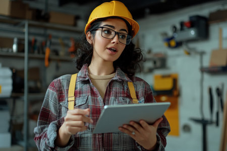 A young Hispanic tradeswoman in a uniform holds a tablet and gestures animatedly, explaining a project plan. Her vibrant personality and enthusiasm make her an inspiring figure in her field, surrounded by the tools of her trade.の素材