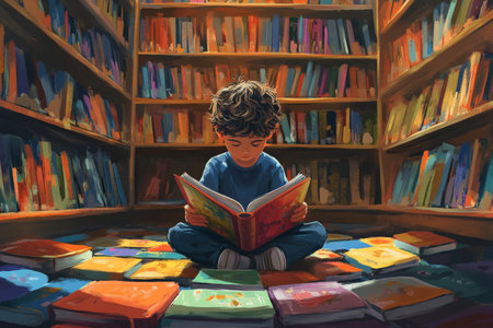 A young boy with tousled hair sits cross-legged on a library floor, deeply engrossed in a colorful picture book. The shelves around him are filled with books of all sizes, creating a cozy atmosphere of curiosity and exploration.の素材