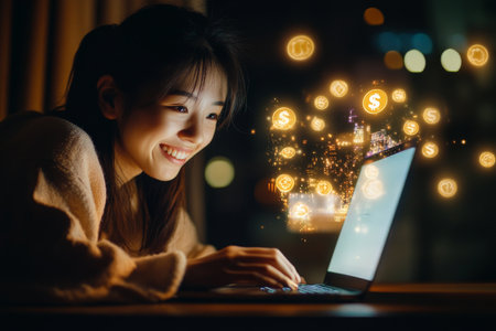 A young adult Japanese woman beams with pride as she looks at her laptop screen, with virtual coins and money symbols glowing around her, representing her newfound financial freedom through online earnings.の素材
