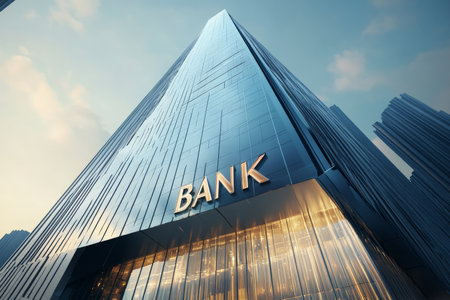 A striking futuristic skyscraper stands tall, its sleek mirror glass facade reflecting the bustling city below. The word "BANK" is prominently displayed in modern typography at the base, enhancing the building's sleek aesthetic while embodying innovation and financial progress.の素材