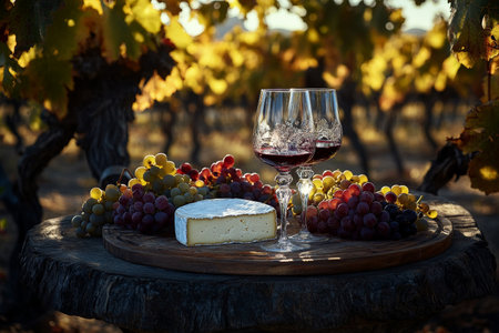 A stunning cheese and grape platter is elegantly arranged on a rustic wooden table in the heart of a picturesque vineyard. A crystal glass of red wine catches the sunlight, complementing the vibrant colors of the grapes and the creamy cheeses, creating an inviting atmosphere for relaxation.の素材