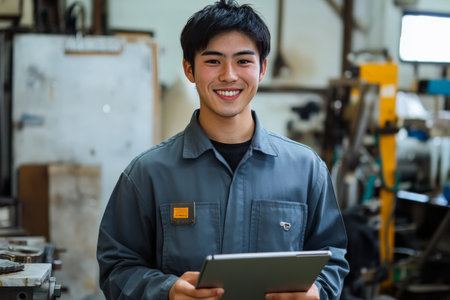 A young Japanese tradesman, wearing a uniform, holds a tablet and smiles at the camera while standing in a busy workshop. His friendly demeanor and focus reflect his commitment to excellence in the trades.の素材