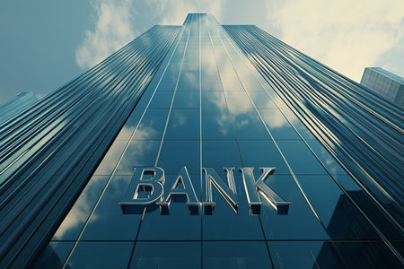 A sleek, futuristic skyscraper is mirrored in a reflective glass surface, creating an intriguing visual effect. The word "BANK" is elegantly displayed at the base, embodying the synergy of modern architecture and contemporary financial services in the heart of the city.の素材