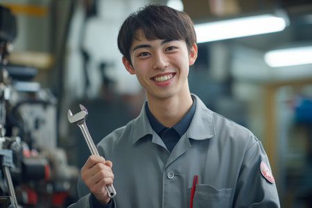 A young Japanese technician, dressed in a smart uniform, holds a wrench while smiling brightly. He stands in a modern workshop, surrounded by equipment, reflecting his enthusiasm for his work and dedication to customer satisfaction.の素材