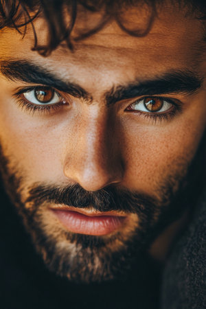 A surprised man with rich brown eyes, framed by a stylish beard, stars intently at the camera. The close-up captures the details of his expression and the softness of his skin, creating an inviting and emotional image.の素材