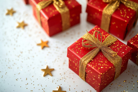 Red gift boxes with shimmering gold ribbons are beautifully arranged on a white background. Golden stars are scattered around the boxes, giving the scene a magical, celebratory feel with sharp contrasts and elegant simplicity.の素材