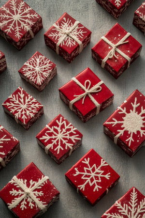 A series of red gift boxes with snowflakes is neatly arranged on a soft gray background. The neutral tone allows the bright red of the boxes to stand out while maintaining a subtle, elegant holiday mood.の素材