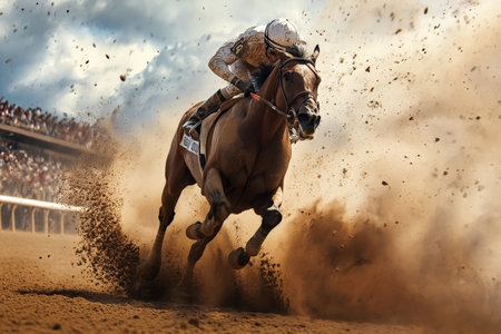 A thrilling horse race scene capturing the moment a jockey pulls ahead at the finish line, with a flurry of dust and excitement. The crowd in the background erupts in cheers as the winning horse showcases its powerful stride.の素材