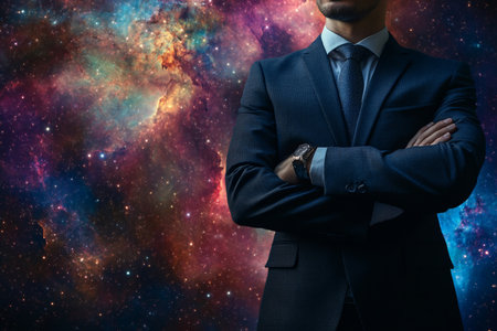 A successful professional in a tailored suit stands confidently with arms crossed, exuding charisma and success. Behind them, a stunning cosmic backdrop filled with vibrant stars, galaxies, and nebulae creates a sense of limitless potential and ambition.の素材