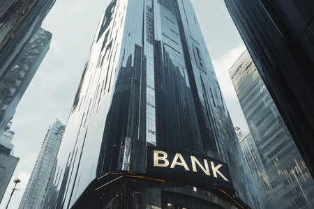 A striking futuristic skyscraper stands tall, its sleek mirror glass facade reflecting the bustling city below. The word "BANK" is prominently displayed in modern typography at the base, enhancing the building's sleek aesthetic while embodying innovation and financial progress.の素材