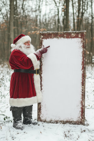 Santa Claus stands next to a large blank poster in a snowy forest, pointing at it with a jolly expression. The serene snowy background and his festive red outfit make the scene feel magical and inviting.の素材