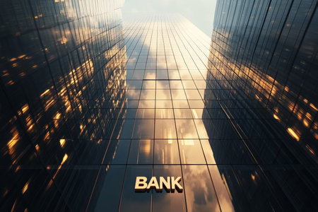 A sleek, futuristic skyscraper is mirrored in a reflective glass surface, creating an intriguing visual effect. The word "BANK" is elegantly displayed at the base, embodying the synergy of modern architecture and contemporary financial services in the heart of the city.の素材
