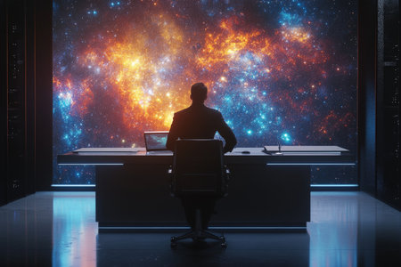 A successful entrepreneur leans against a sleek, modern desk, exuding confidence. Behind them, a breathtaking cosmic scene of stars and celestial bodies highlights their achievements and the vast opportunities that lie ahead.の素材