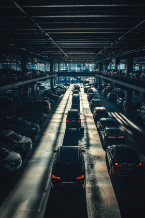 A wide-angle view of an underground parking garage filled with different cars, from sleek sedans to rugged SUVs. The shadows cast by the overhead lights create an intriguing depth, highlighting the architecture of the space.の素材