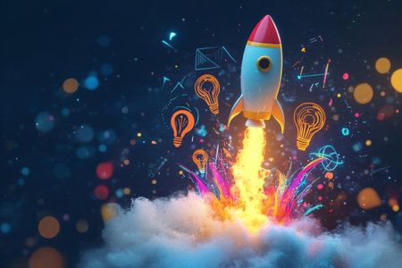 A stylized rocket launches from a tower of creative symbols like lightbulbs and graphs. The rocketÃ¢â¬â¢s ascent creates vibrant, abstract trails, symbolizing the journey of a start-up idea gaining momentum.の素材