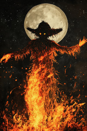 The silhouette of a scarecrow, ablaze with vibrant flames, stands tall against a starry night sky. The full moon bathes the scene in silver light, creating a mystical ambiance that highlights the scarecrowÃ¢â¬â¢s haunting features.の素材