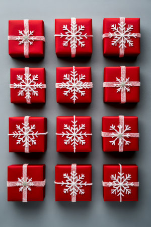 A series of red gift boxes with snowflakes is neatly arranged on a soft gray background. The neutral tone allows the bright red of the boxes to stand out while maintaining a subtle, elegant holiday mood.の素材