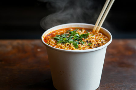 A steaming white paper cup brims with vibrant Thai instant noodles swimming in a rich, hot red soup. Fresh herbs and spices are sprinkled on top, and a pair of wooden chopsticks rests beside the cup, inviting you to enjoy this flavorful and comforting dish.の素材