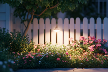 A serene nighttime scene captures a charming terrace flower bed, illuminated by a soft white ground lamp. The glow highlights vibrant flowers and lush shrubs, while a low white fence encloses the area, creating a cozy, inviting atmosphere perfect for evening relaxation.の素材