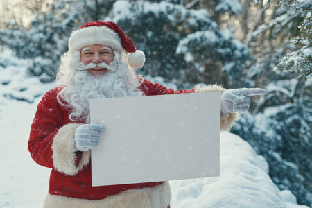 Standing on a snow-covered hill, Santa Claus cheerfully points to a blank poster with a festive twinkle in his eye. The surrounding snowy landscape creates a perfect canvas for adding a holiday greeting.の素材