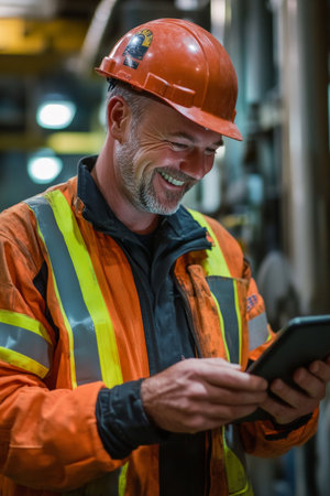 A middle-aged Caucasian technician in uniform smiles as he reviews plans on a tablet. The busy environment around him highlights his proactive approach to work, showing his professionalism and reliability in the trades.の素材