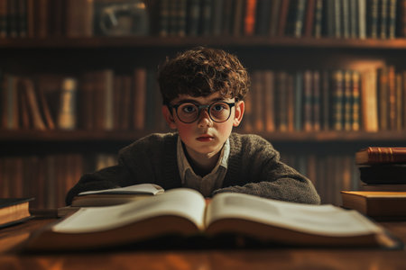 A scene depicting a young boy sitting at a large wooden table in a library, surrounded by open books and notebooks. He wears glasses and has a look of concentration on his face, embodying the spirit of youthful curiosity and academic pursuit.の素材