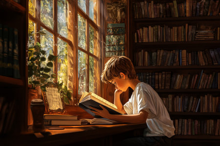 A scene of a boy lost in thought while reading in a quiet library corner. His gaze is fixed on the pages, and the surrounding shelves filled with books create a serene environment that fosters learning and imagination.の素材