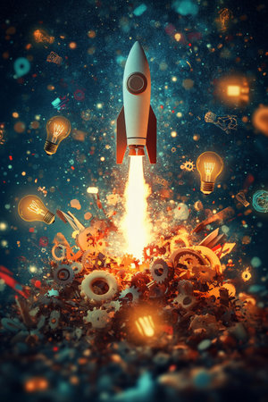 A rocket is seen launching from a pile of floating concept icons like lightbulbs, gears, and arrows, with swirling abstract shapes in the background, symbolizing the powerful launch of a start-up business.の素材