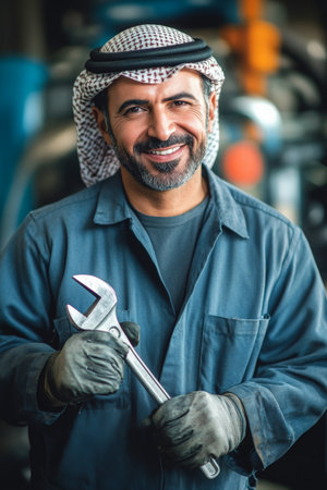 A middle-aged Arabian male service technician smiles widely while holding a wrench. His confident posture and professional attitude against a backdrop of machinery demonstrates his expertise and commitment to delivering quality service.の素材