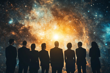 A group of successful professionals, each in elegant attire, stand together against a stunning cosmic backdrop. The ethereal glow of the universe surrounds them, representing their collective achievements and the endless possibilities of their futures.の素材