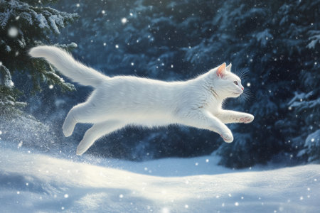 A graceful white cat leaps through the fresh powdery snow in a serene winter forest. Snowflakes swirl around the cat as it jumps, its fur blending seamlessly with the snowy landscape while tall evergreen trees create a magical background.の素材